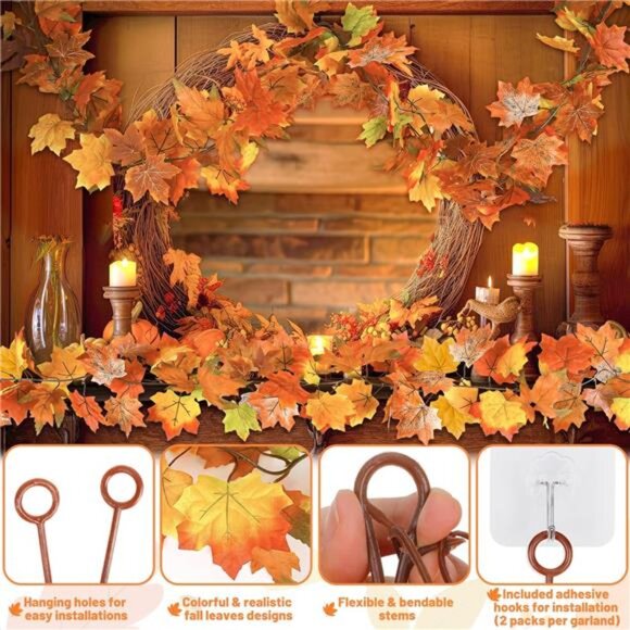 Fall Garland Set of 2 Autumn Leaf Garland 11FT Thanksgiving Decor Indoor Outdoor - Picture 3 of 7
